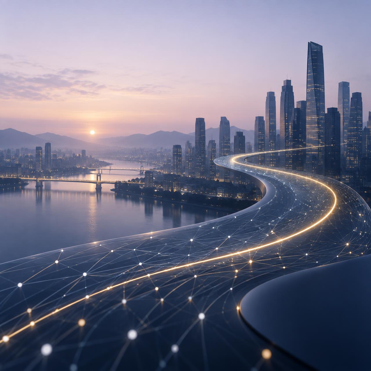 Connected digital pathways rising over a modern city skyline